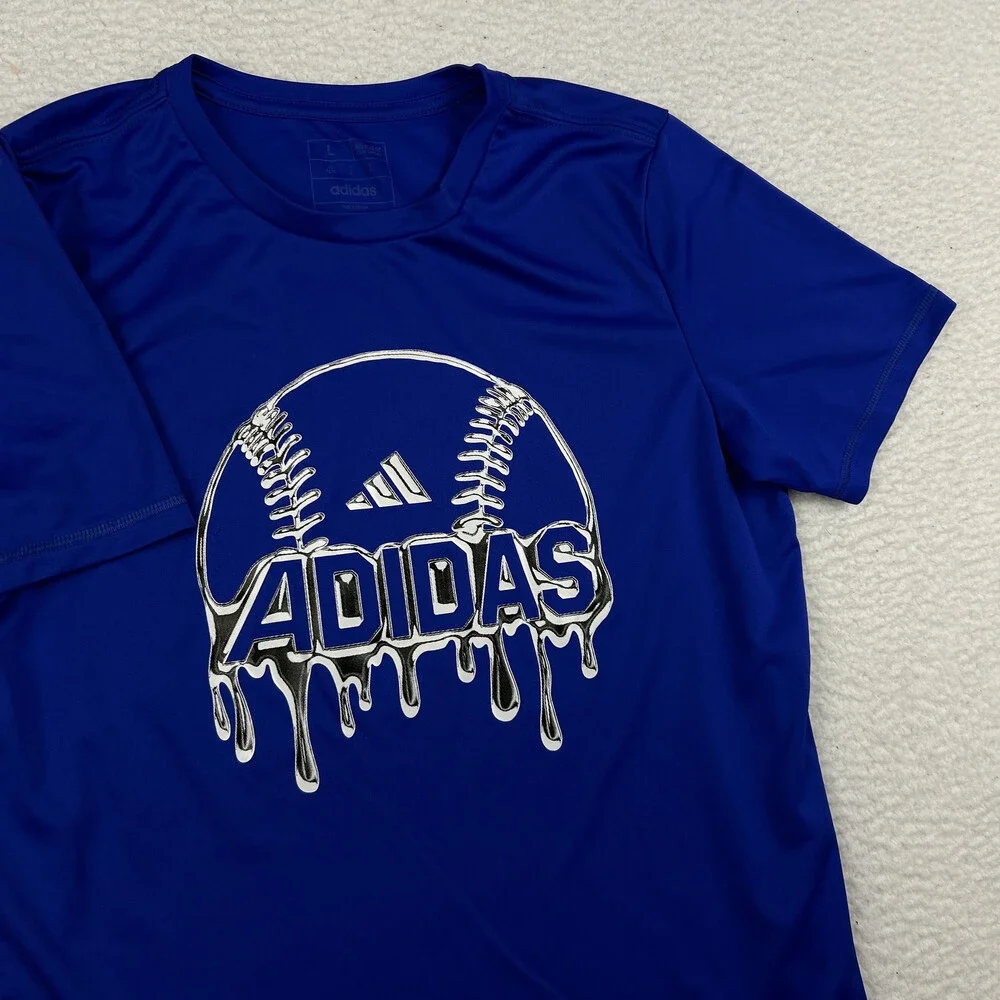 Adidas Shirt Mens Large Baseball Graphic Dripping Logo Blue AEROREADY Tee